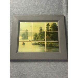 Vintage Saunders Signed Ceramic Tile Mural Lake Cabin Sailboat Framed Art 15x12
